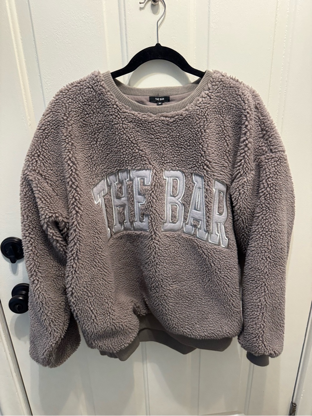 The Bar Taupe Sherpa Crewneck Pullover with Embroidered Logo